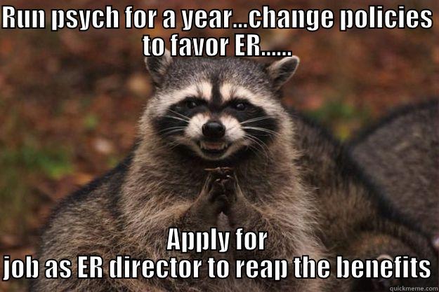 RUN PSYCH FOR A YEAR...CHANGE POLICIES TO FAVOR ER...... APPLY FOR JOB AS ER DIRECTOR TO REAP THE BENEFITS Evil Plotting Raccoon