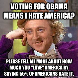 Voting for Obama means I hate America? please tell me more about how much you 