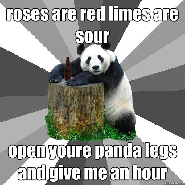 roses are red limes are sour open youre panda legs and give me an hour   Pickup-Line Panda