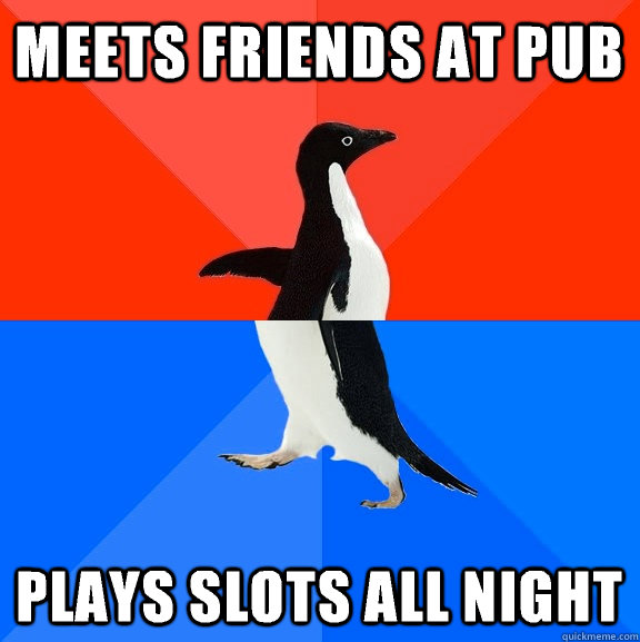 Meets friends at pub Plays slots all night  Socially Awesome Awkward Penguin