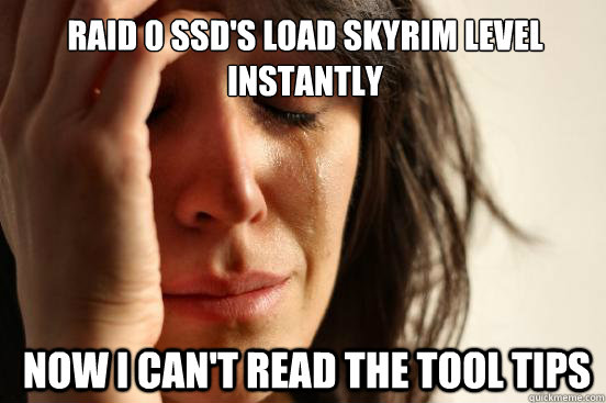 RAID 0 SSD's load skyrim level instantly  now I can't read the tool tips  First World Problems