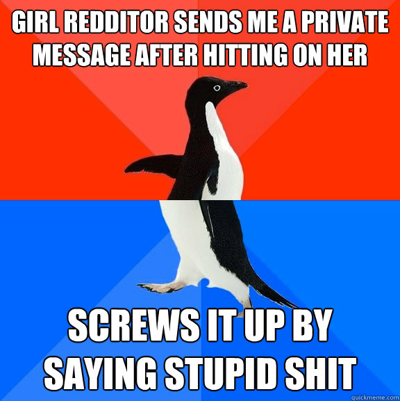 Girl redditor sends me a private message after hitting on her Screws it up by saying stupid shit  Socially Awesome Awkward Penguin