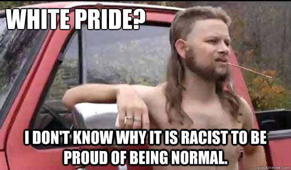 WHITE PRIDE? I don't know why it is racist to be proud of being normal.  Almost Politically Correct Redneck