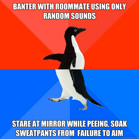 banter with roommate using only random sounds stare at mirror while peeing, soak sweatpants from  failure to aim  Socially Awesome Awkward Penguin