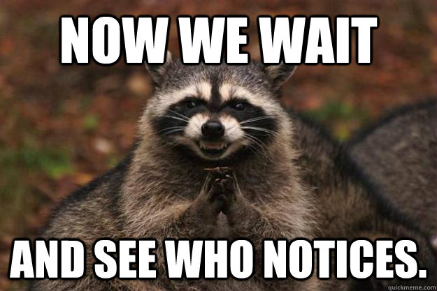 Now we wait And see who notices.  Evil Plotting Raccoon