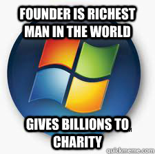 Founder is richest man in the world Gives billions to charity  Good Guy Microsoft