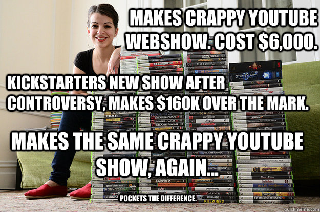Makes crappy youtube webshow. Cost $6,000. Kickstarters new show after controversy, makes $160K over the mark. Makes the same crappy youtube show, again... Pockets the difference.  Anita Sarkeesian