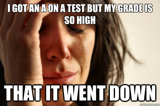 I got an A on a test but my grade is so high that it went down  First World Problems