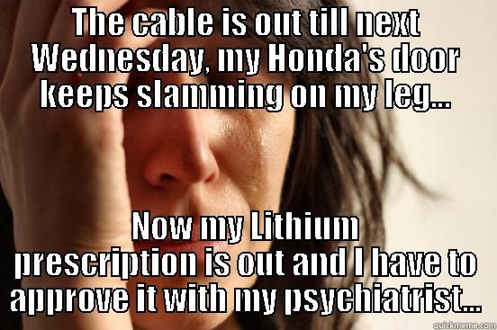 it's Friday... - THE CABLE IS OUT TILL NEXT WEDNESDAY, MY HONDA'S DOOR KEEPS SLAMMING ON MY LEG... NOW MY LITHIUM PRESCRIPTION IS OUT AND I HAVE TO APPROVE IT WITH MY PSYCHIATRIST... First World Problems