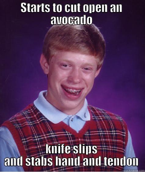 Last time I try and eat a healthy snack - STARTS TO CUT OPEN AN AVOCADO KNIFE SLIPS AND STABS HAND AND TENDON Bad Luck Brian