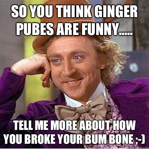 So you think ginger pubes are funny..... Tell me more about how you broke your bum bone ;-)  Condescending Willy Wonka