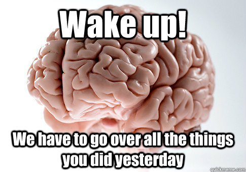 Wake up! We have to go over all the things you did yesterday  Scumbag Brain