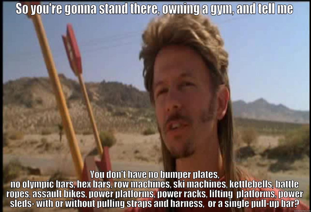 SO YOU'RE GONNA STAND THERE, OWNING A GYM, AND TELL ME YOU DON'T HAVE NO BUMPER PLATES, NO OLYMPIC BARS, HEX BARS, ROW MACHINES, SKI MACHINES, KETTLEBELLS, BATTLE ROPES, ASSAULT BIKES, POWER PLATFORMS, POWER RACKS, LIFTING  PLATFORMS, POWER SLEDS- WITH OR WITHOUT PULLING STRAPS AND HARNESS,  OR A SINGLE PULL- Misc