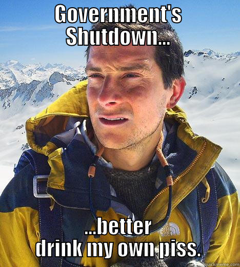 Gummint Shutdown Bear - GOVERNMENT'S SHUTDOWN... ...BETTER DRINK MY OWN PISS. Bear Grylls
