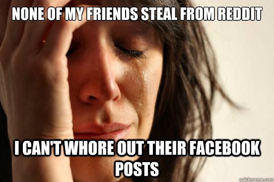 none of my friends steal from reddit i can't whore out their facebook posts  First World Problems