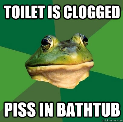 Toilet is clogged Piss in bathtub  Foul Bachelor Frog