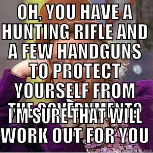 OH, YOU HAVE A HUNTING RIFLE AND A FEW HANDGUNS TO PROTECT YOURSELF FROM THE GOVERNMENT? I'M SURE THAT WILL WORK OUT FOR YOU Condescending Wonka