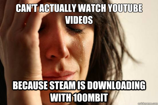 can't actually watch youtube videos because steam is downloading with 100mbit  First World Problems
