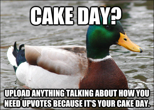 Cake day? upload anything talking about how you need upvotes because it's your cake day.  Actual Advice Mallard