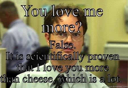 YOU LOVE ME MORE? FALSE. IT IS SCIENTIFICALLY PROVEN THAT I LOVE YOU MORE THAN CHEESE, WHICH IS A LOT.  Dwight
