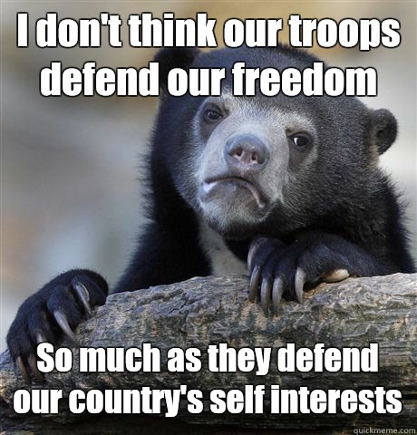 I don't think our troops defend our freedom So much as they defend our country's self interests  Confession Bear