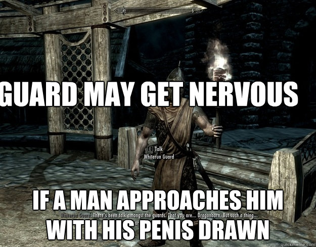 Guard may get nervous if a man approaches him with his penis drawn - Guard may get nervous if a man approaches him with his penis drawn  Whiterun guard says