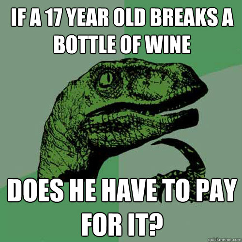 If a 17 year old breaks a bottle of wine Does he have to pay for it? - If a 17 year old breaks a bottle of wine Does he have to pay for it?  Philosoraptor