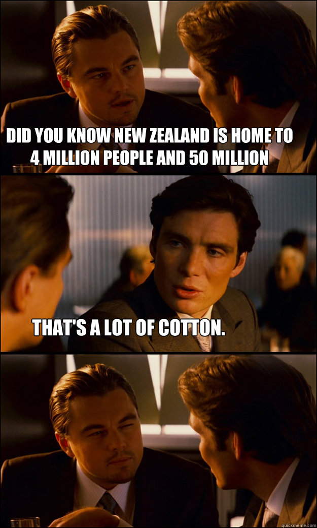 Did you know New Zealand is home to 4 million people and 50 million sheep? that's a lot of cotton.  Inception
