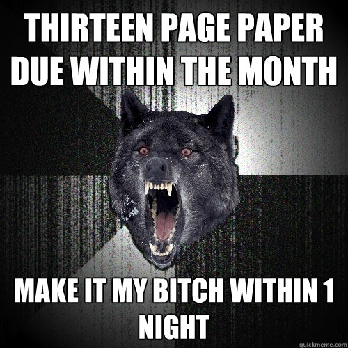 Thirteen page paper due within the month make it my bitch within 1 night  Insanity Wolf