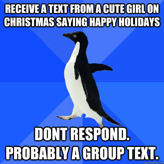receive a text from a cute girl on Christmas saying happy holidays  dont respond. probably a group text.  Socially Awkward Penguin