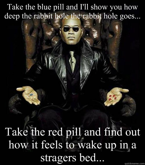 Take the blue pill and I'll show you how deep the rabbit hole the rabbit hole goes... Take the red pill and find out how it feels to wake up in a stragers bed... - Take the blue pill and I'll show you how deep the rabbit hole the rabbit hole goes... Take the red pill and find out how it feels to wake up in a stragers bed...  Morpheus