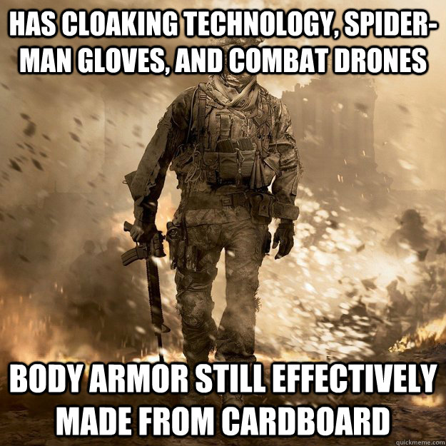 HAS CLOAKING TECHNOLOGY, SPIDER-MAN GLOVES, AND COMBAT DRONES BODY ARMOR STILL EFFECTIVELY MADE FROM CARDBOARD  Call of Duty Logic