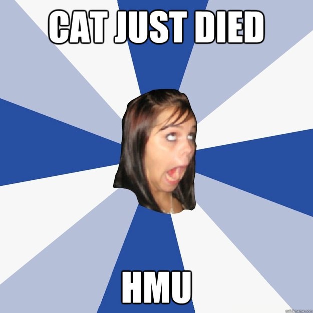 Cat just died HMU  Annoying Facebook Girl