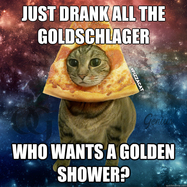 Just Drank all the Goldschlager
 Who wants a golden shower?  PIZZACAT