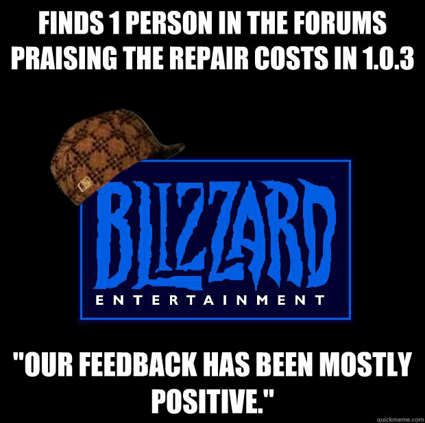 Finds 1 person in the forums praising the repair costs in 1.0.3 