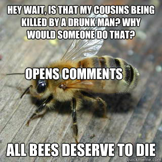 hey wait, is that my cousins being killed by a drunk man? why would someone do that? all bees deserve to die opens comments  Hivemind bee