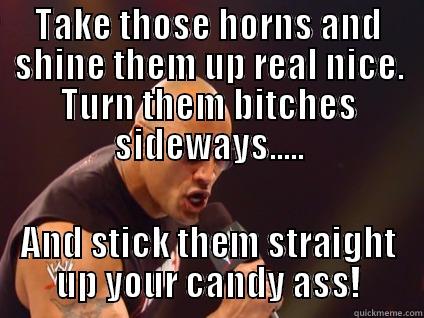 TAKE THOSE HORNS AND SHINE THEM UP REAL NICE. TURN THEM BITCHES SIDEWAYS..... AND STICK THEM STRAIGHT UP YOUR CANDY ASS! Misc