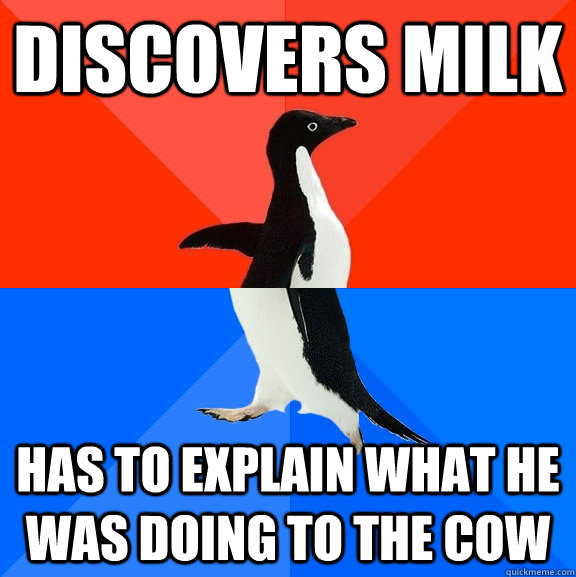 Discovers milk Has to explain what he was doing to the cow  Socially Awesome Awkward Penguin