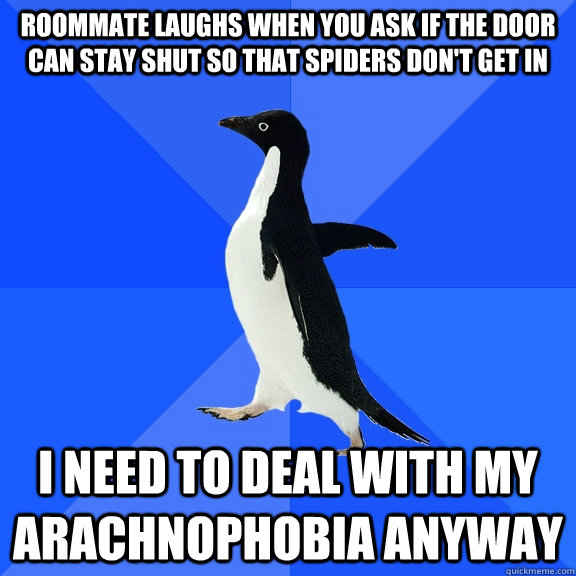 Roommate laughs when you ask if the door can stay shut so that spiders don't get in I need to deal with my arachnophobia anyway  Socially Awkward Penguin