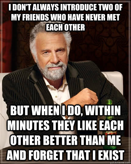 I don't always introduce two of my friends who have never met each other but when I do, within minutes they like each other better than me and forget that I exist  The Most Interesting Man In The World