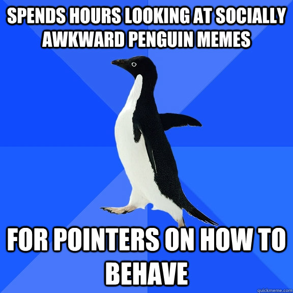 Spends hours looking at socially awkward penguin memes for pointers on how to behave  Socially Awkward Penguin
