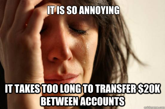 It is so annoying it takes too long to transfer $20k between accounts  First World Problems