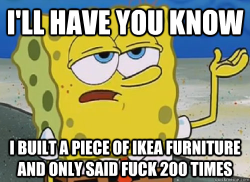 I'LL HAVE YOU KNOW  I BUILT A PIECE OF IKEA FURNITURE AND ONLY SAID FUCK 200 TIMES  ILL HAVE YOU KNOW