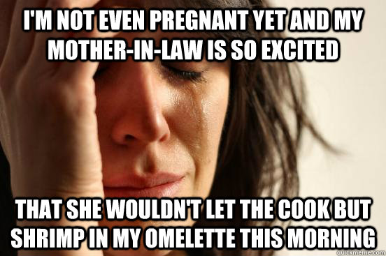 I'm not even pregnant yet and my mother-in-law is so excited that she wouldn't let the cook but shrimp in my omelette this morning  First World Problems
