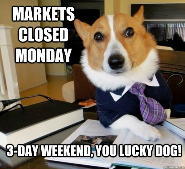 Markets closed Monday 3-day weekend, you lucky dog!  Lawyer Dog