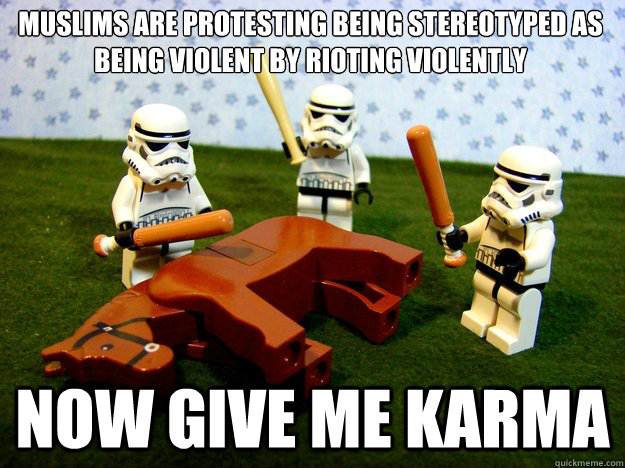 muslims are protesting being stereotyped as being violent by rioting violently now give me karma  Dead Horse