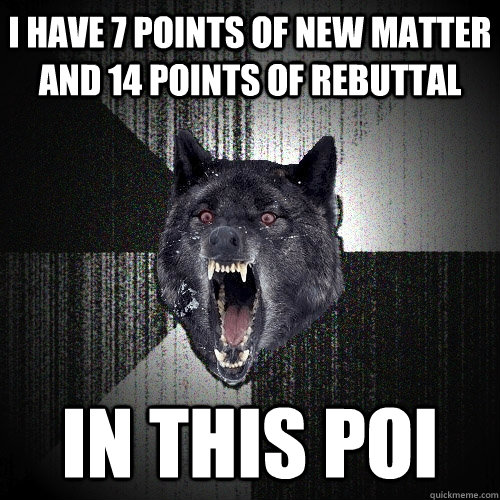 I have 7 points of new matter and 14 points of rebuttal In this POI  Insanity Wolf