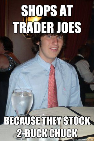 Shops at trader joes because they stock 2-buck chuck  Ok Guy Owen