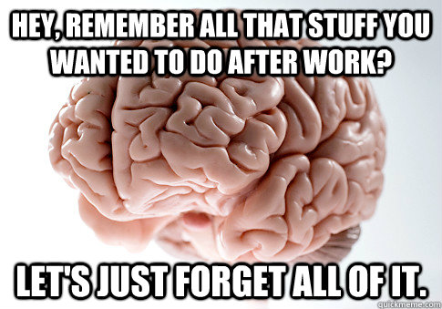 Hey, remember all that stuff you wanted to do after work? Let's just forget all of it.  Scumbag Brain