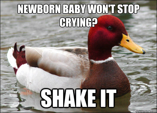 Newborn baby won't stop crying? 
 Shake it  Malicious Advice Mallard